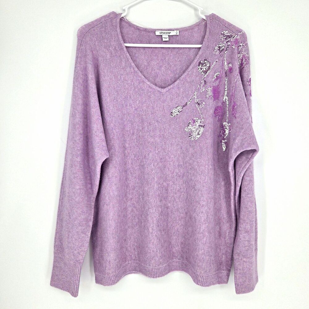Chico's Womens Purple Wool Blend Knit V-Neck Pullover Sweater Sequin Medium/1